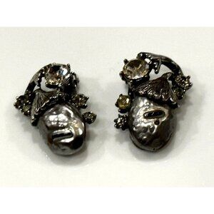 HAR HARGO DRAGONS TOOTH FLORAL SILVERTONE GREY RHINESTONES CLIP ON EARRINGS EU